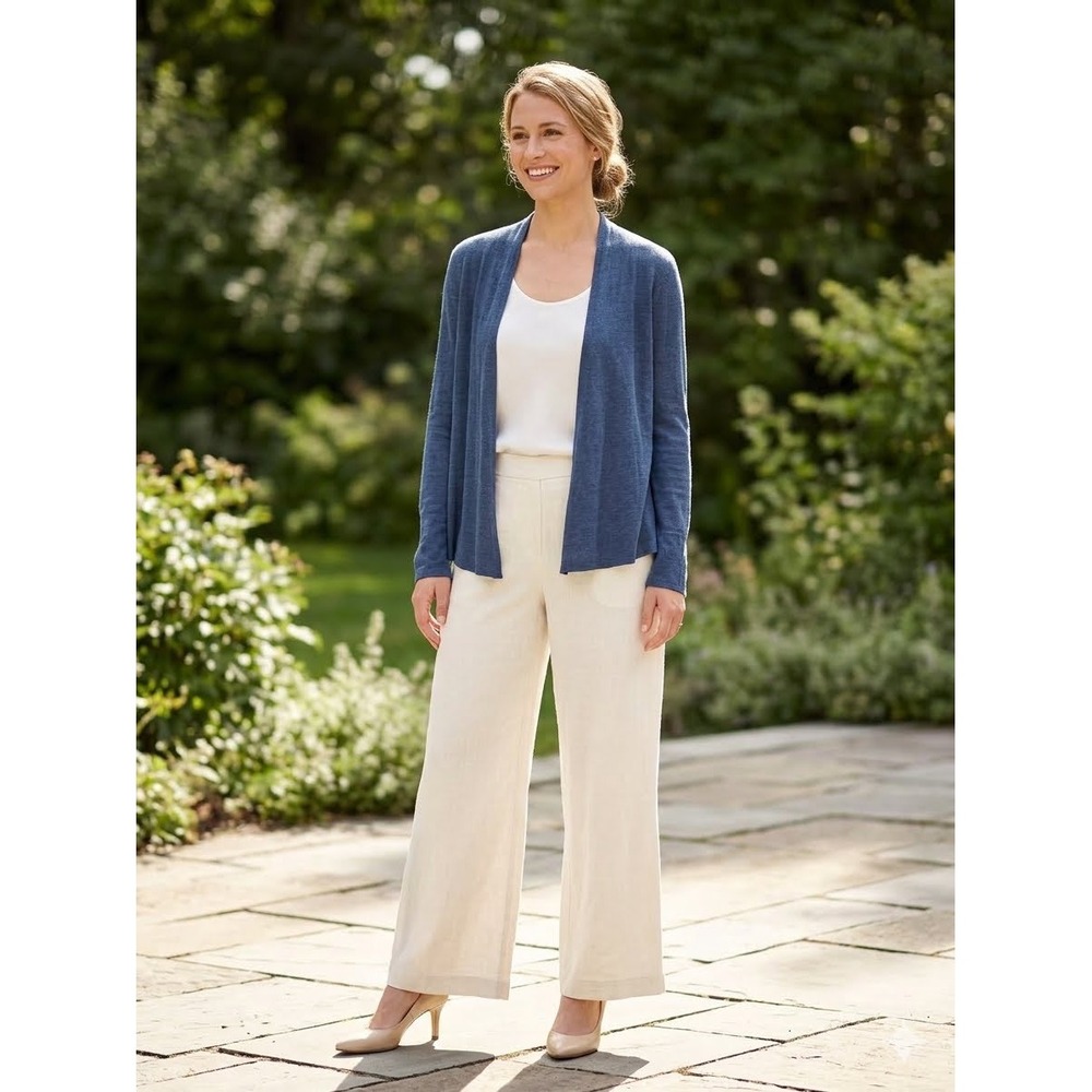 Eileen Fisher Blue 100% Linen Open Front Cardigan Sweater Minimalist Old Money L
